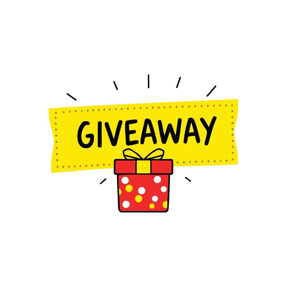 Yellow Perforated Edge Banner with Giveaway Text and Prize Gift Box Doodle Art for Online Promotions Contests and Marketing Campaigns Red Present Icon with Black Lettering vector