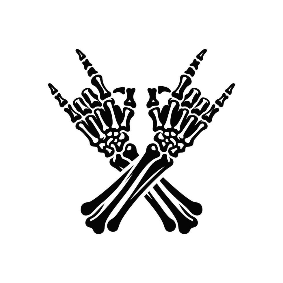 Crossed Skeleton Hands Rock On Gesture Silhouette Two Bony Arms Making Horns Sign Black and White Illustration for Metal Music Halloween or Gothic Themes Isolated Design Element vector
