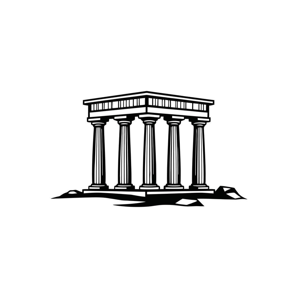 Greek Roman temple ruins silhouette ancient classical architecture icon Parthenon style columns for history and archaeology design element vector