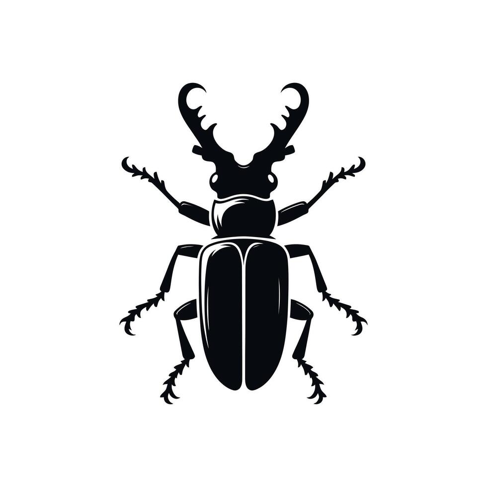 Minimalist stag beetle art detailed silhouette of a male beetle with large mandibles insect symbol for wildlife and coleoptera studies vector