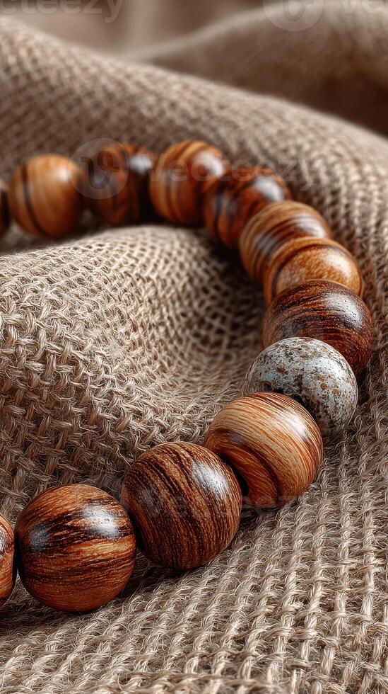 Wooden beads arranged on a textured fabric, showcasing natural patterns and craftsmanship in a serene setting photo