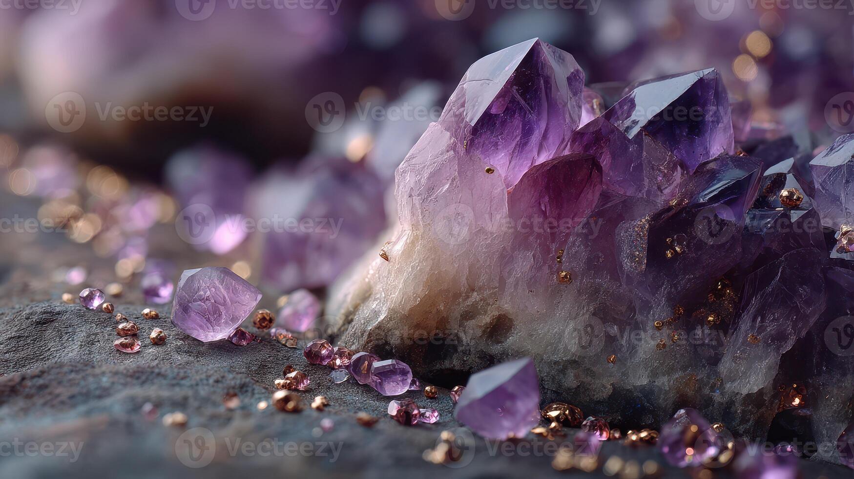 Detailed close-up of amethyst crystals with golden flecks in natural light at an indoor display setting photo