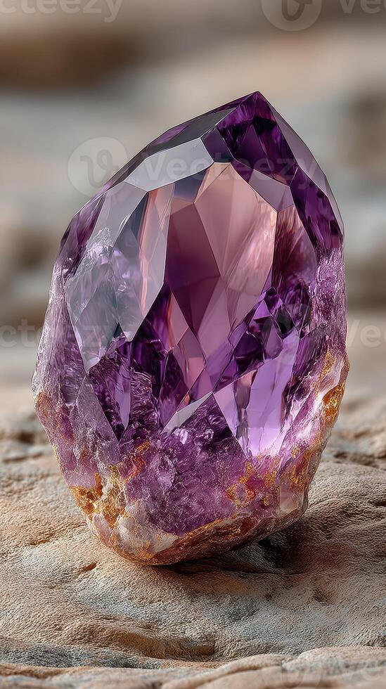 Natural amethyst crystal on stone surface showcasing its vibrant purple hues and intricate facets photo