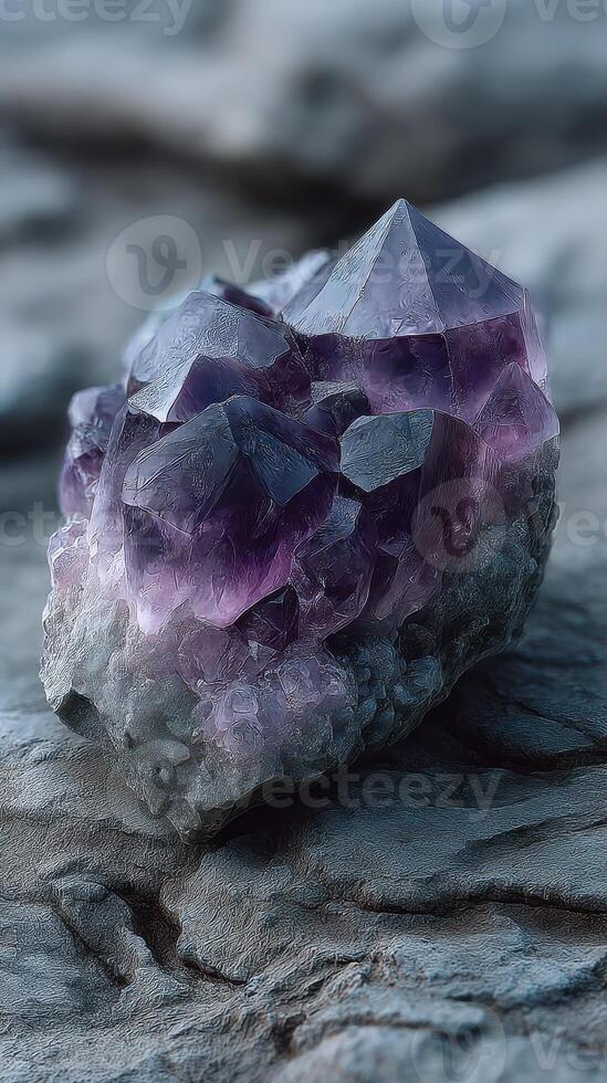 Amethyst crystal formation on textured rock surface in natural setting under soft lighting photo