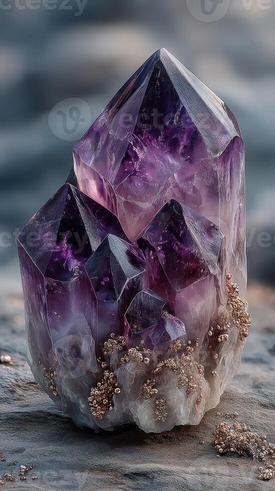 Stunning amethyst crystal cluster with sharp formations and a sparkling quartz base found in a natural landscape photo