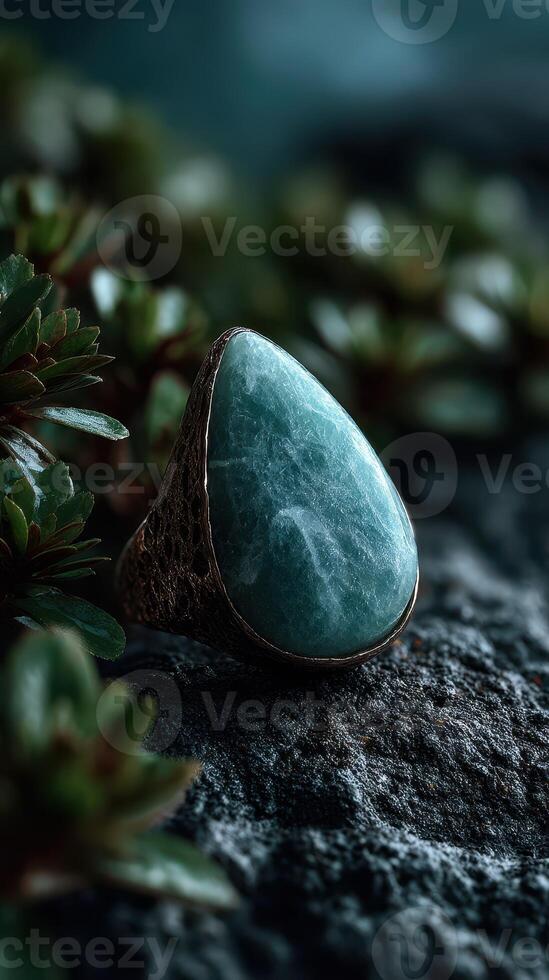 Beautiful aquamarine ring resting on textured rock surrounded by green plants in natural lighting photo