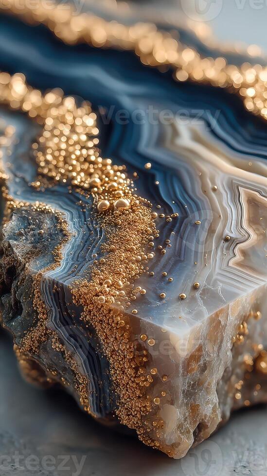 Stunning close-up of a blue and golden agate stone highlighting natural patterns and textures photo