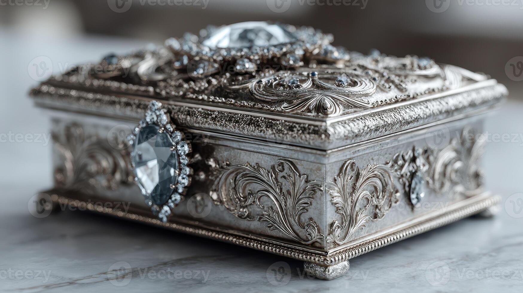 Intricately designed silver jewelry box with ornate detailing and sparkling jewels displayed on a marble surface photo
