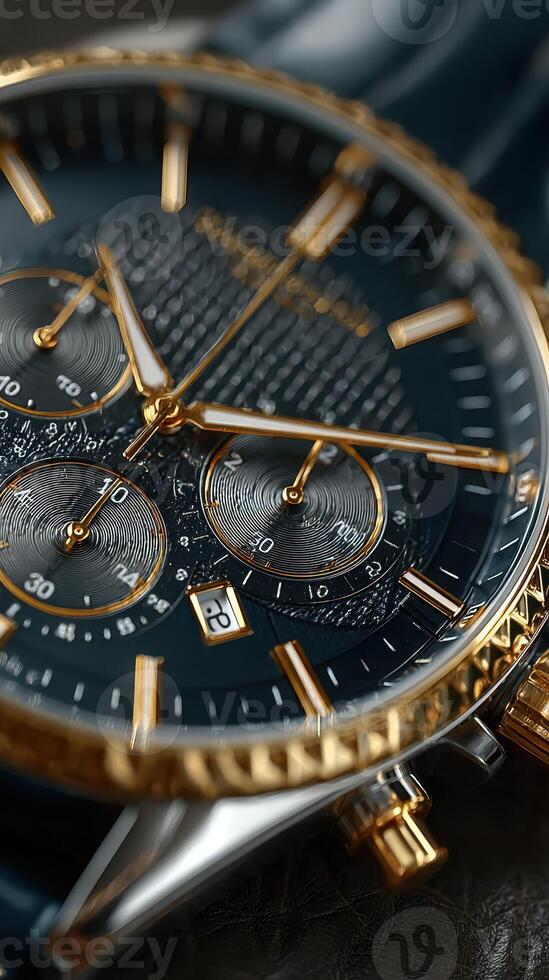 Elegant close-up of a luxury watch with intricate design and gold accents photo