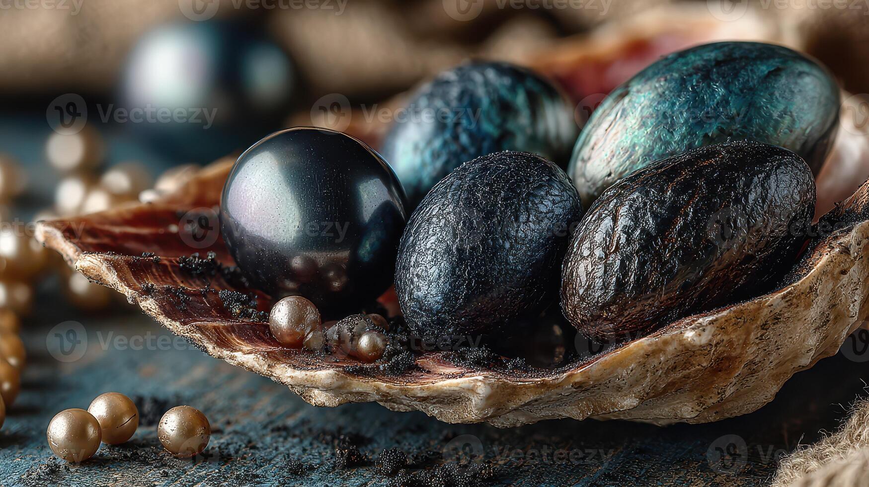 Colorful decorative eggs placed in an open shell with pearls on a textured blue surface photo