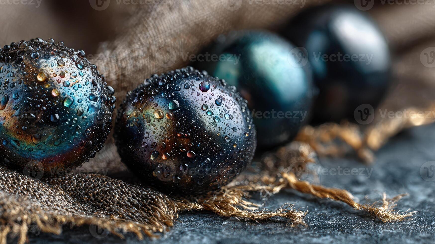 Elegant black and blue polished stones with water droplets on rustic fabric in dim light setting photo