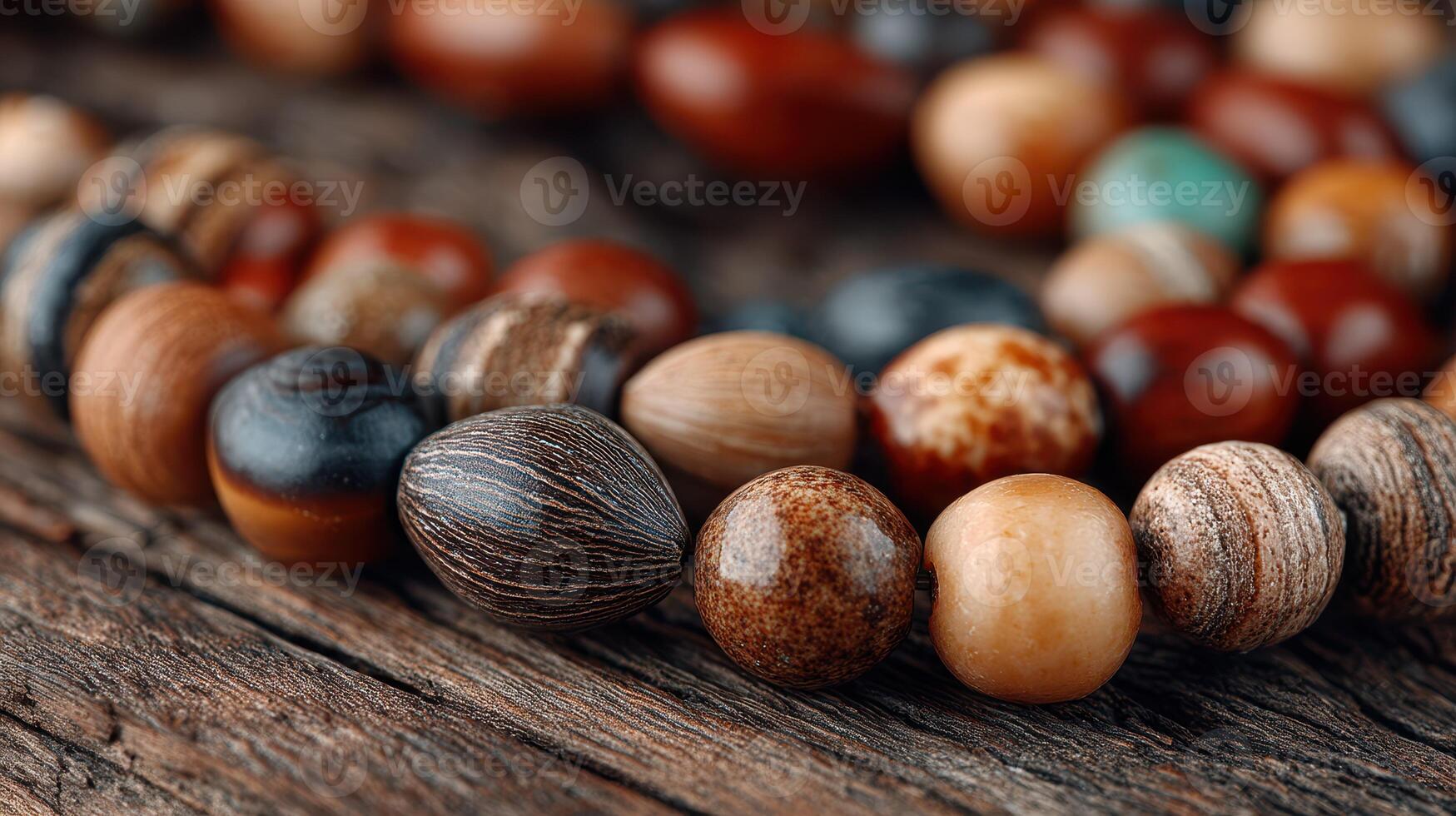 Colorful handmade beads displayed on rustic wooden surface for crafting and jewelry making photo