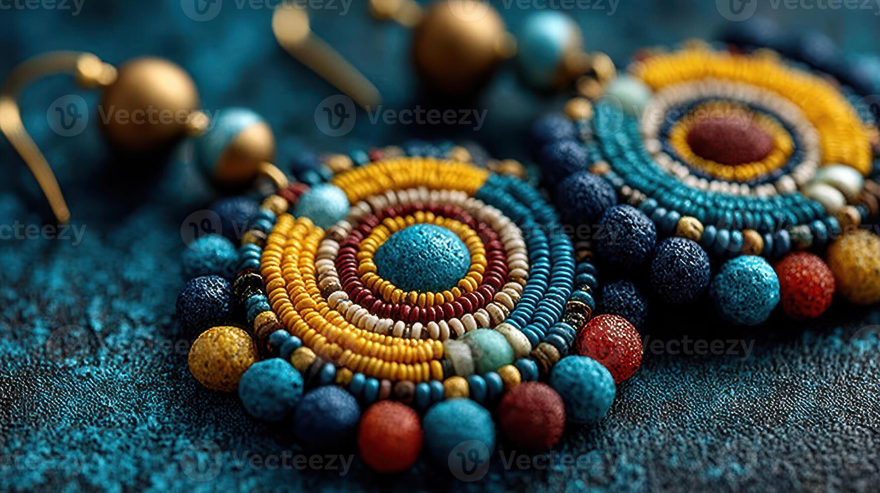 Colorful beaded earrings displayed elegantly on a textured blue surface with a vibrant artistic design photo