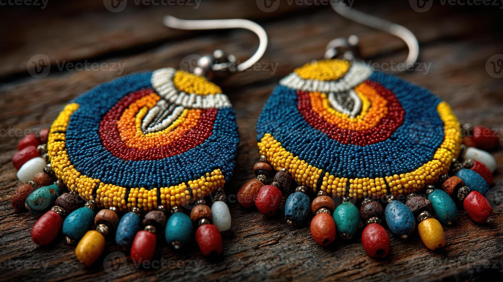 Colorful handmade beaded earrings displayed on wooden surface showcasing intricate design and vibrant hues photo