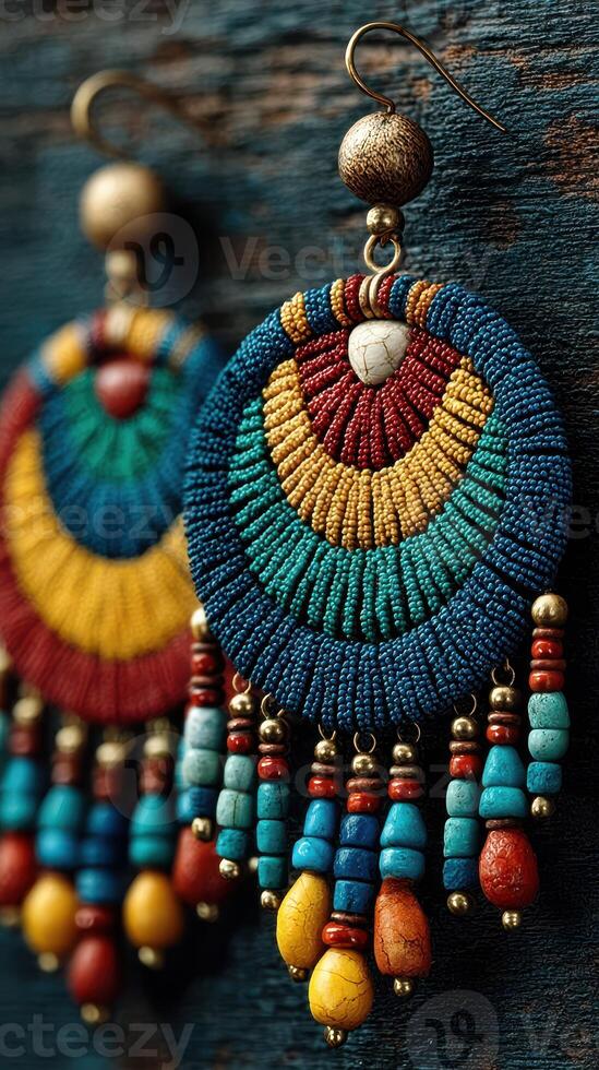 Colorful handmade earrings showcase intricate beadwork and vibrant patterns on rustic wooden background photo
