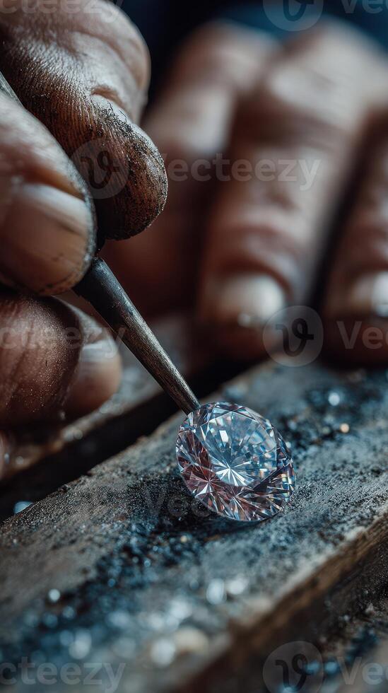 Craftsmanship shines through as skilled artisan meticulously shapes a diamond in a workshop photo