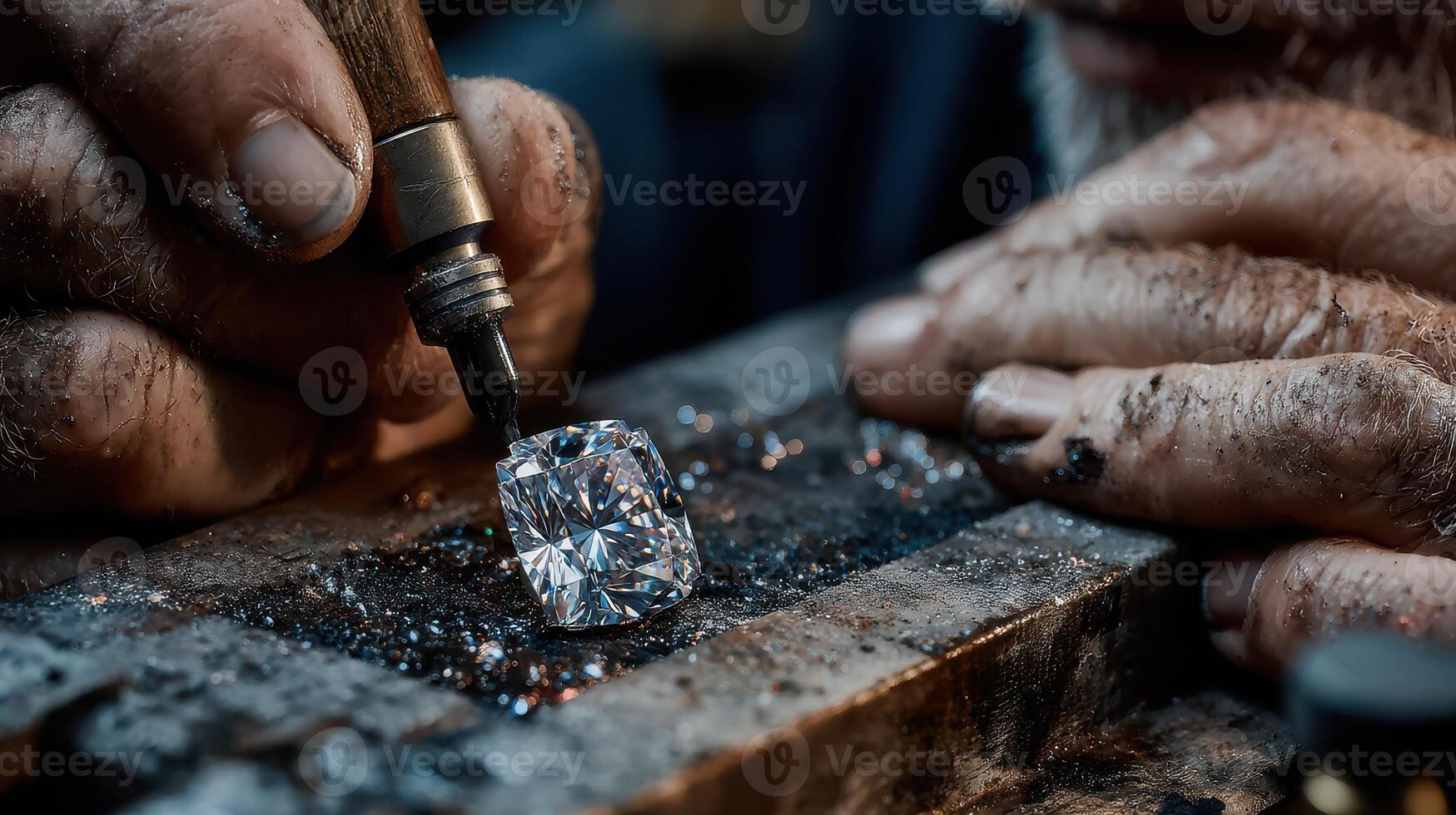 Crafting a sparkling diamond in a workshop with skilled hands during evening hours photo