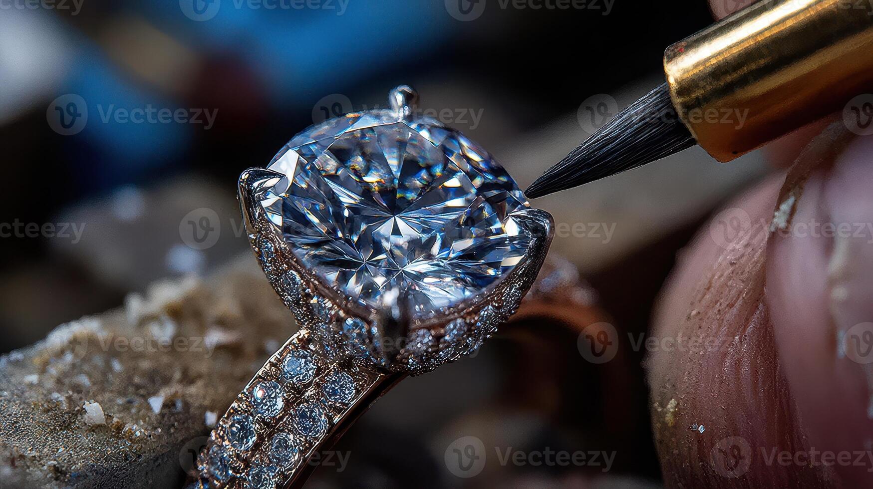 Close-up view of a jeweler setting a diamond in a gold ring during a detailed craftsmanship session photo