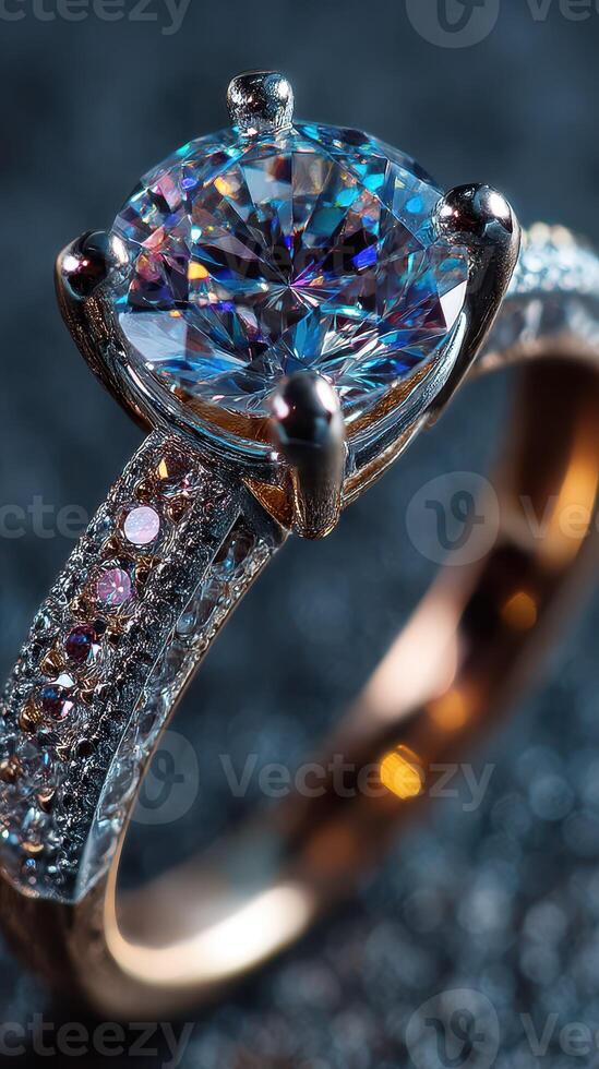 Stunning close-up of a sparkling engagement ring showcasing intricate design and brilliant gemstone in elegant settings photo