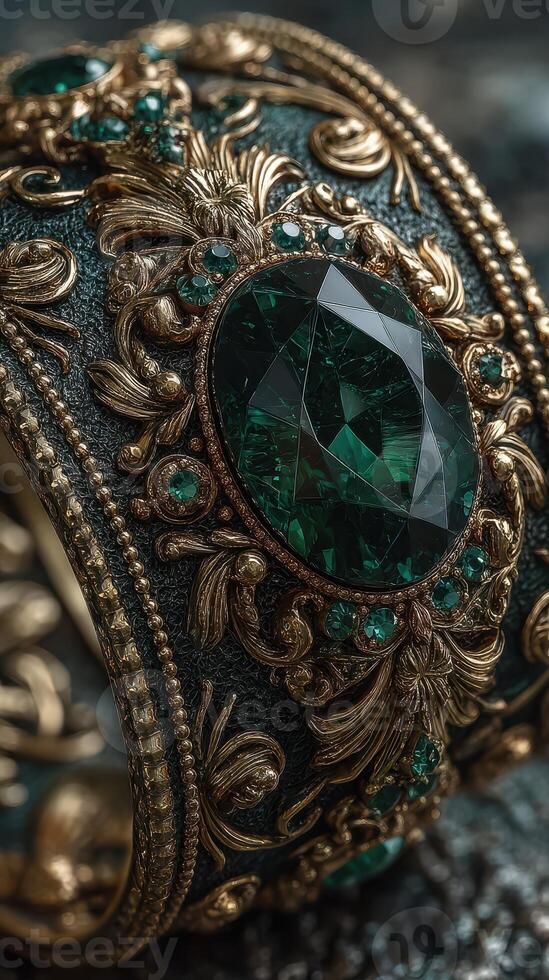 Exquisite vintage bracelet with intricate gold design and large emerald stone displayed on textured dark background photo