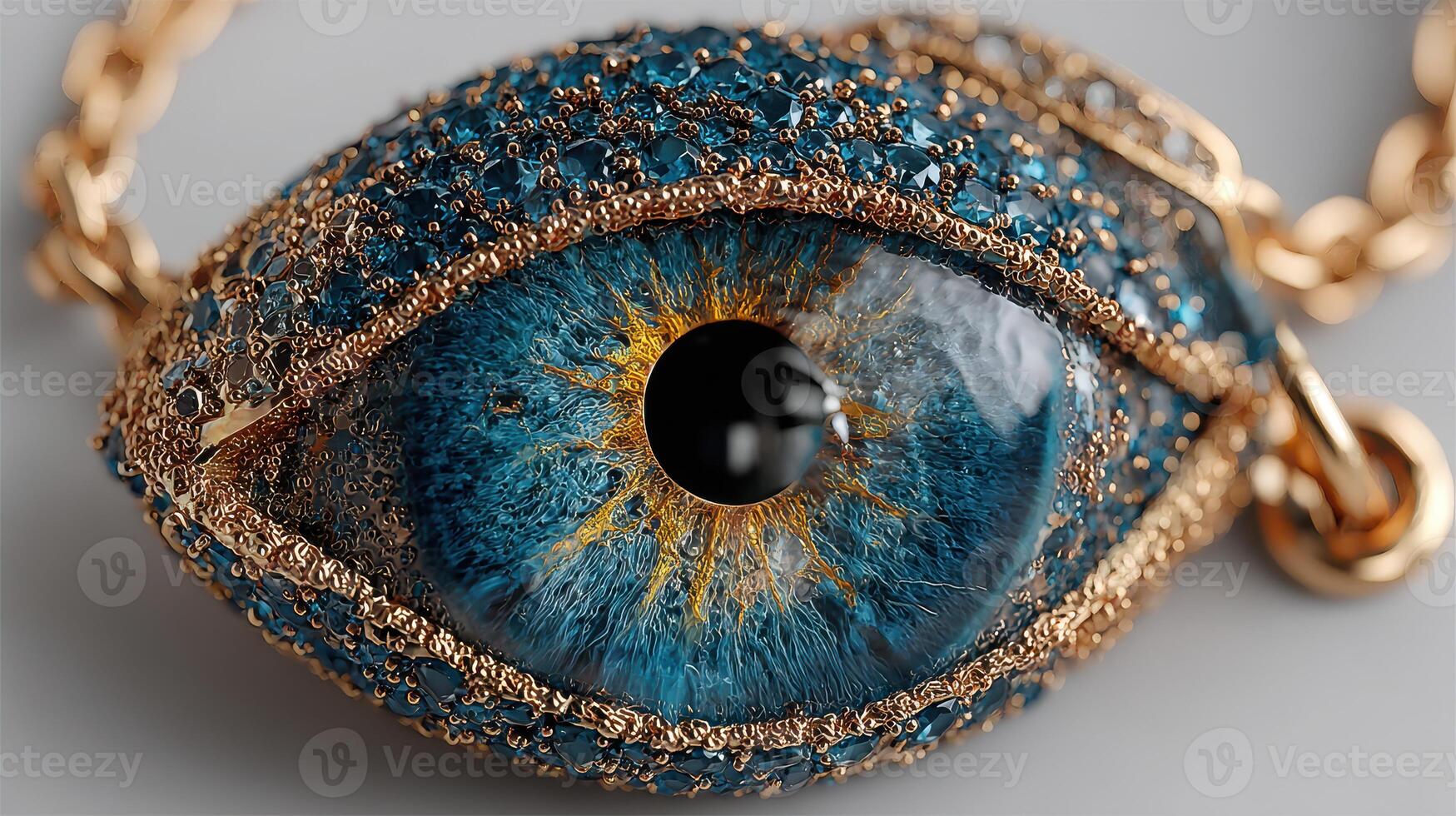 Intricate jewelry design featuring a vivid blue eye with gemstone detailing on a gold necklace chain photo