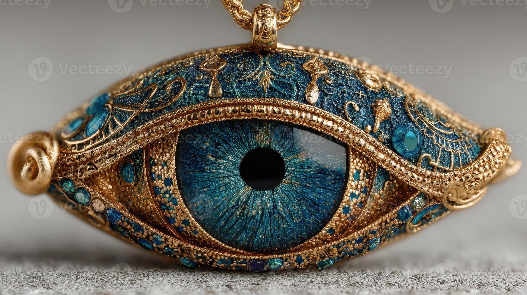 Intricate golden pendant designed as a stunning blue eye with detailed embellishments photo