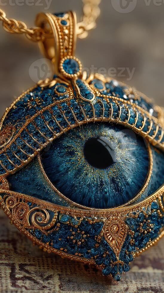 Intricate blue eye pendant crafted in gold with detailed embellishments and sparkling gemstones displayed on a textured background photo