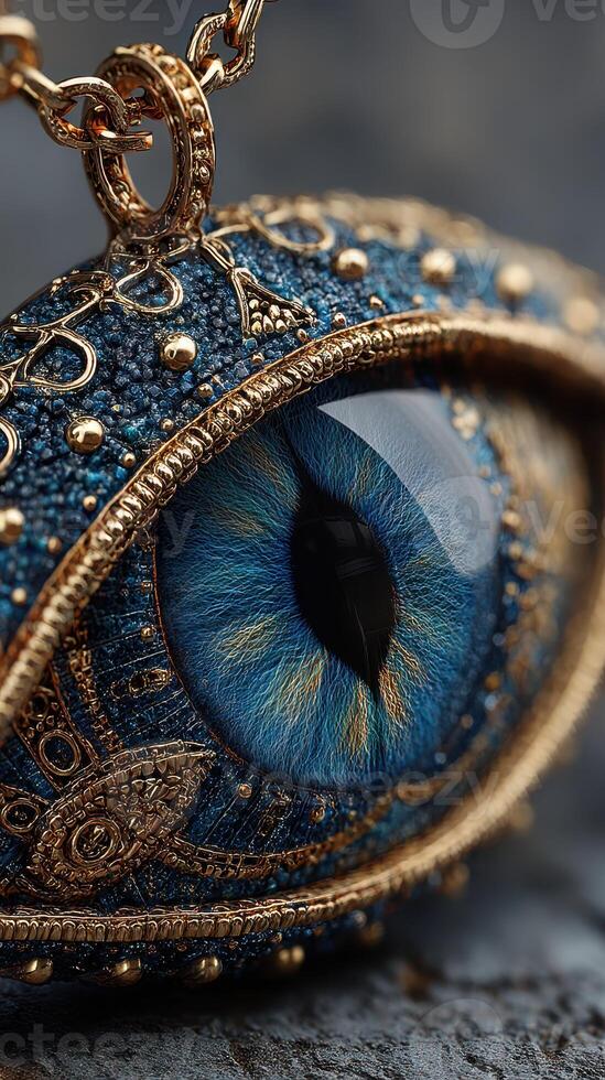 Intricate handmade pendant featuring a realistic blue eye design on a textured background photo