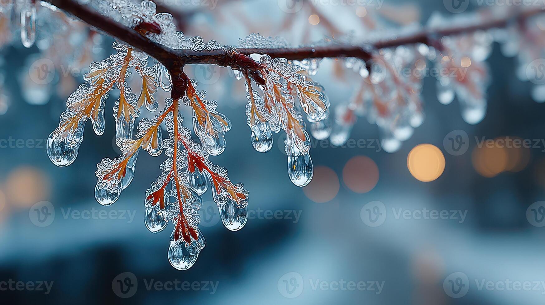 Branches of a tree glisten with ice droplets in a winter setting during early morning light photo