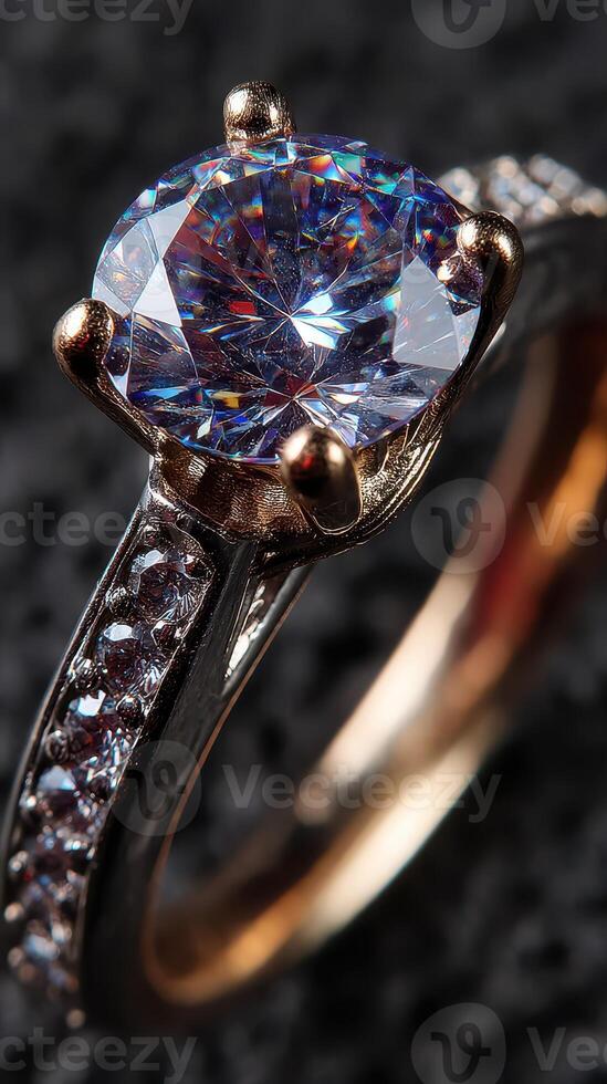 Beautiful engagement ring featuring a brilliant cut center stone with a unique band design showcasing sparkling accents photo