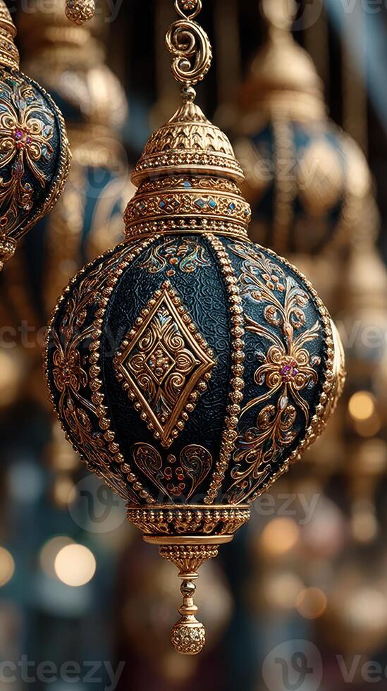Decorative lantern hanging in a market showcasing intricate metalwork and detailed designs during the evening hours photo