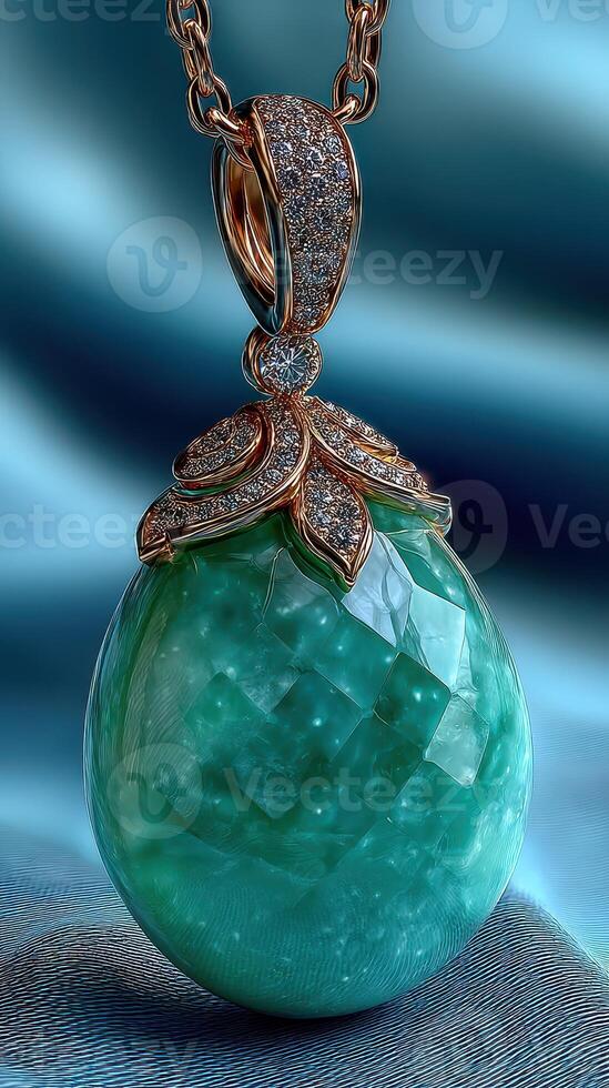 Exquisite turquoise gemstone pendant with intricate design on soft blue fabric background photo