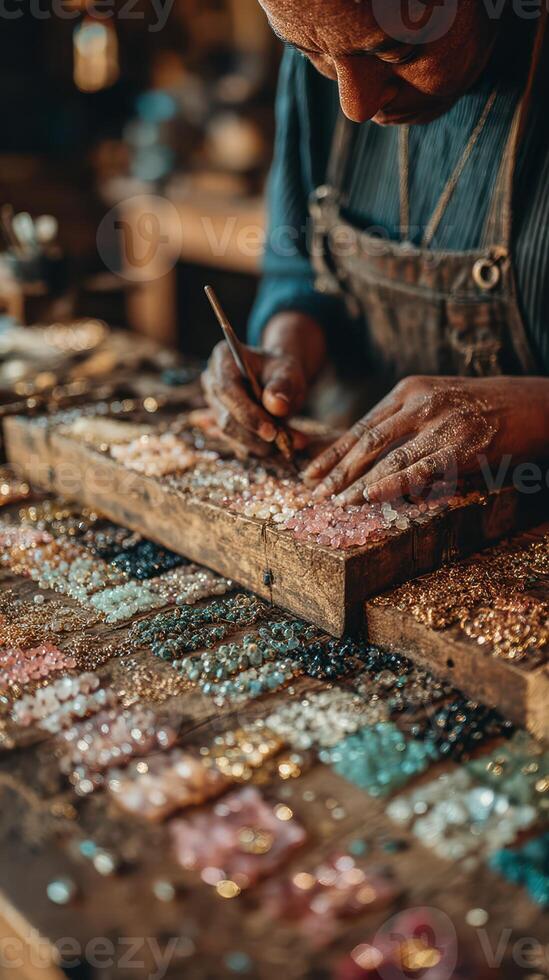 Craftsman carefully arranges colorful gemstones on a wooden display at a workshop in the early morning light photo