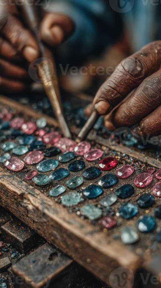 Jewelry artisan carefully selecting colored gemstones for creation in a workshop photo