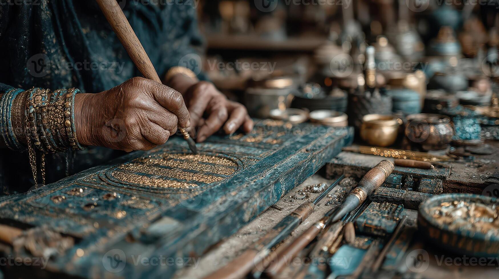Craftsmanship in wood carving showcases skillful hands creating intricate designs in a bustling workshop photo