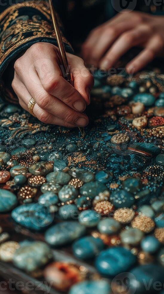 Skilled artisan creating intricate patterns with gemstones on a vibrant surface in a cozy workshop setting photo