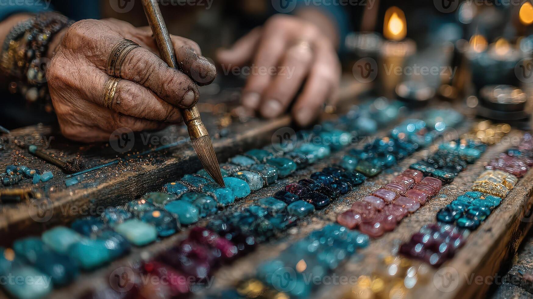 Skilled artisan arranging colorful gemstones in a workshop during evening hours, showcasing intricate craftsmanship and attention to detail photo
