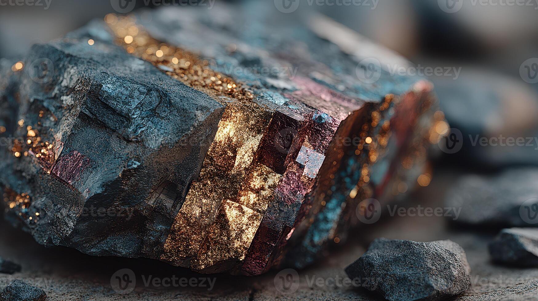 Stunning close-up of a mineral rock showcasing its shimmering golden veins in natural light photo