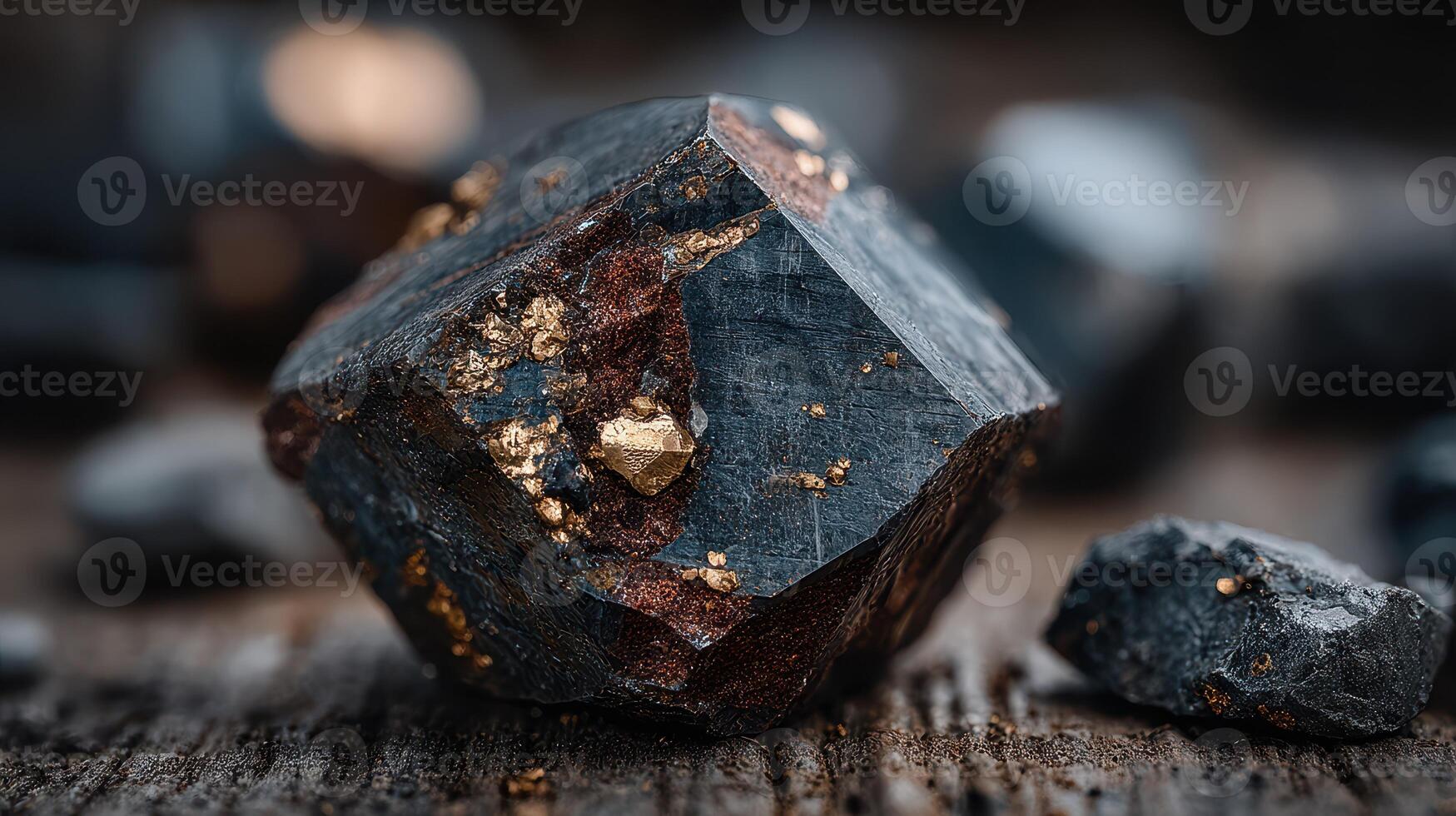 Close-up of a mineral specimen with metallic luster showcasing pyrite crystals on a wooden surface in natural light photo