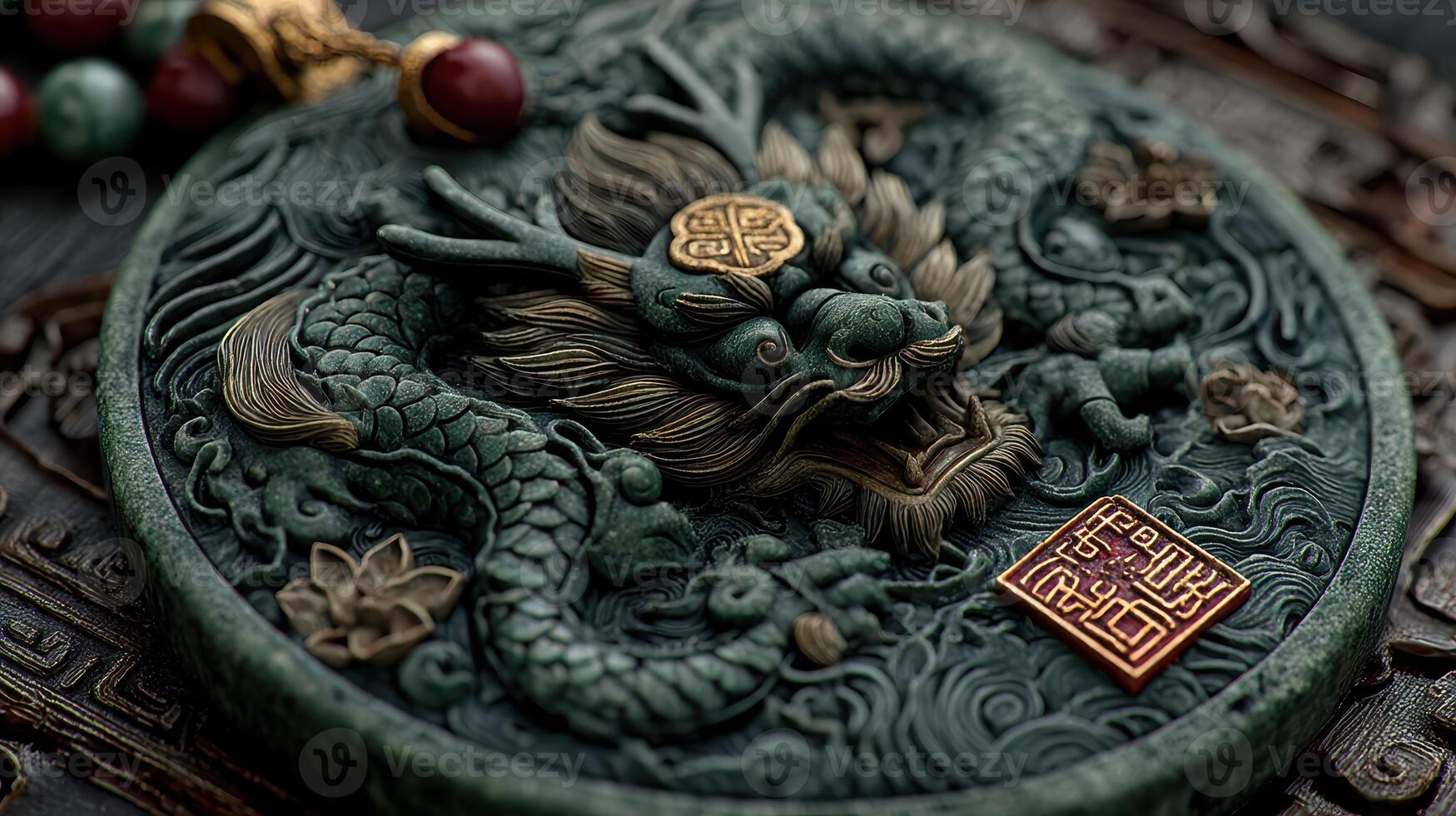 Intricate dragon design with gemstone accents displayed on an ornate surface photo