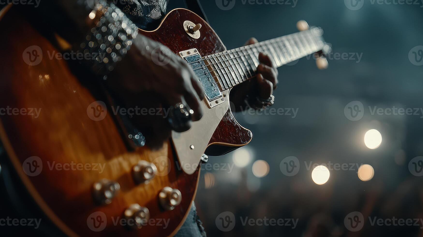 Electric guitar performance captivates audience during live concert in vibrant atmosphere photo