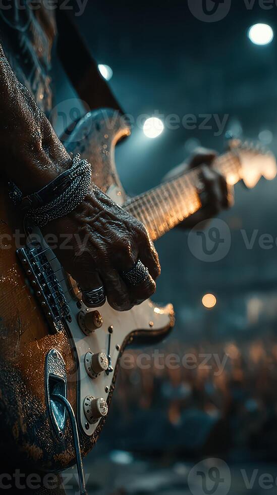 Guitarist performing passionately at a live concert in the evening with an energetic crowd in the background photo
