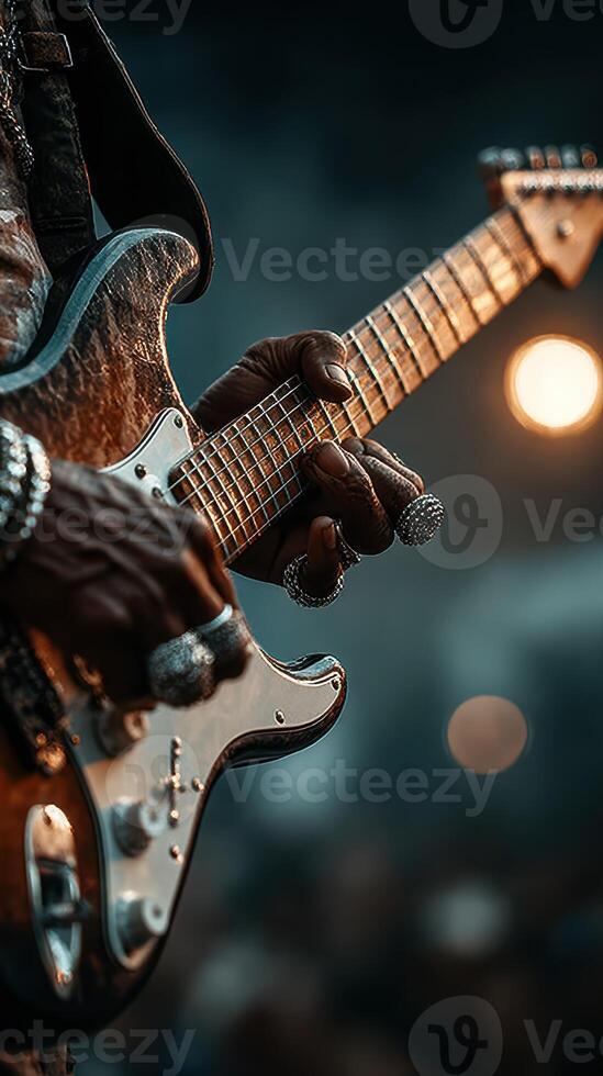 Guitarist performs passionately at a festival stage during sunset with audience in the background photo