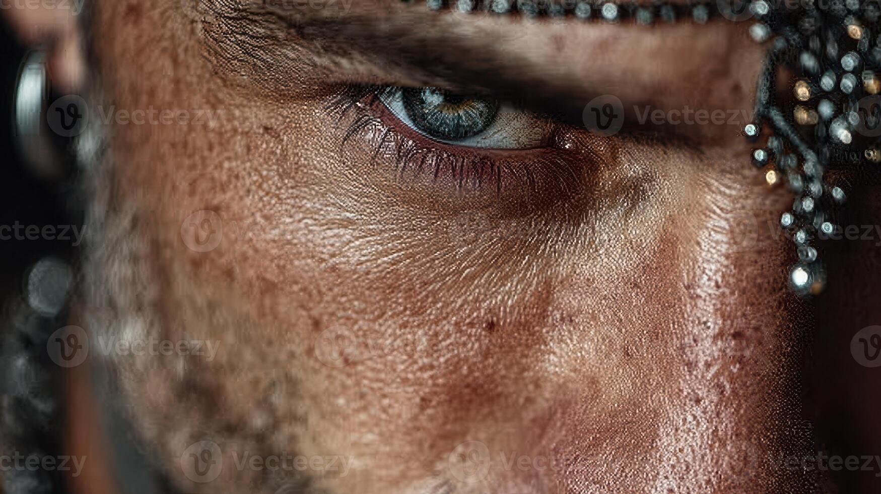 Intense gaze of a warrior showcasing fierce determination and cultural adornments during a traditional ceremony photo