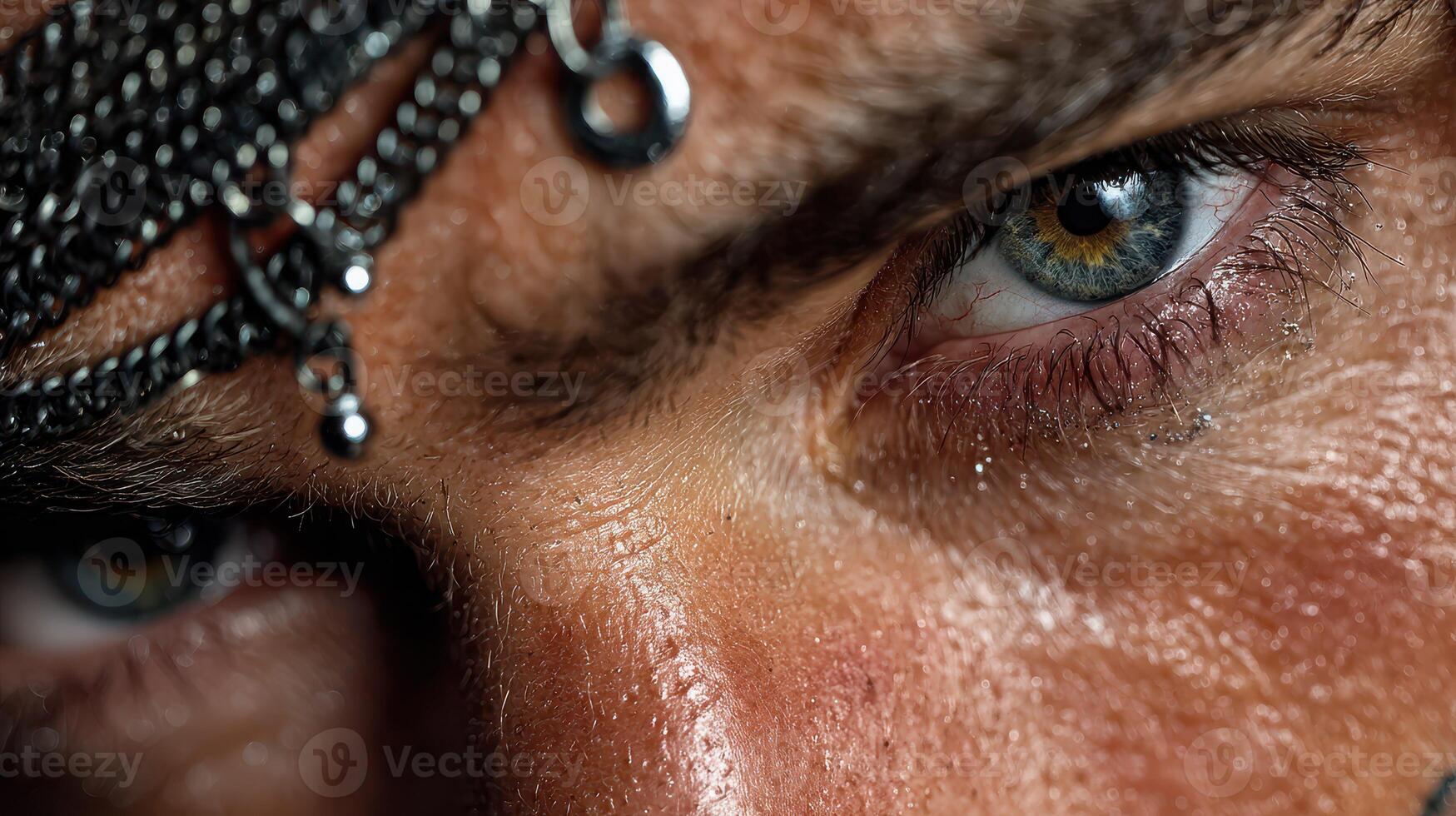 Intense gaze of a man adorned with chains and intricate accessories captured in a close-up view photo