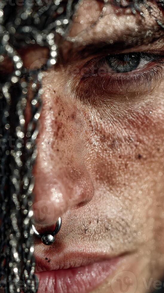 Close-up of an expressive face highlighting dramatic features and unique piercings during a personal moment of reflection in natural light photo