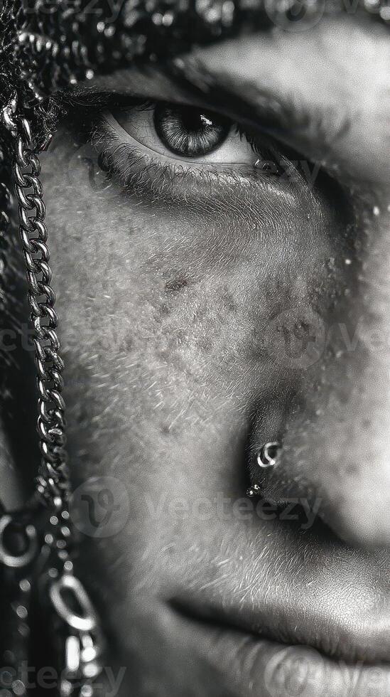 Close-up of a person displaying intense expression and unique accessories in a monochrome style photo