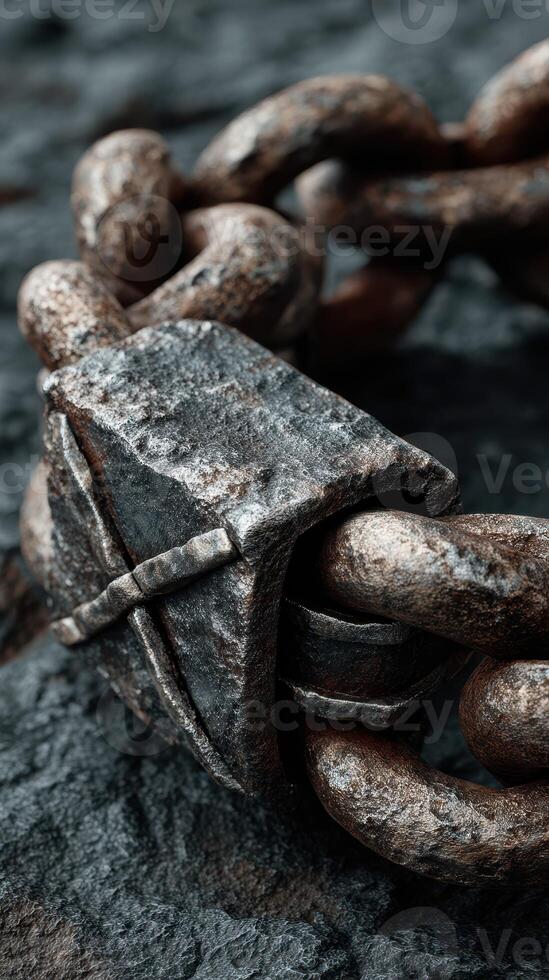 Rusty metal chain link resting on a textured surface in a close-up view showcasing industrial design features photo