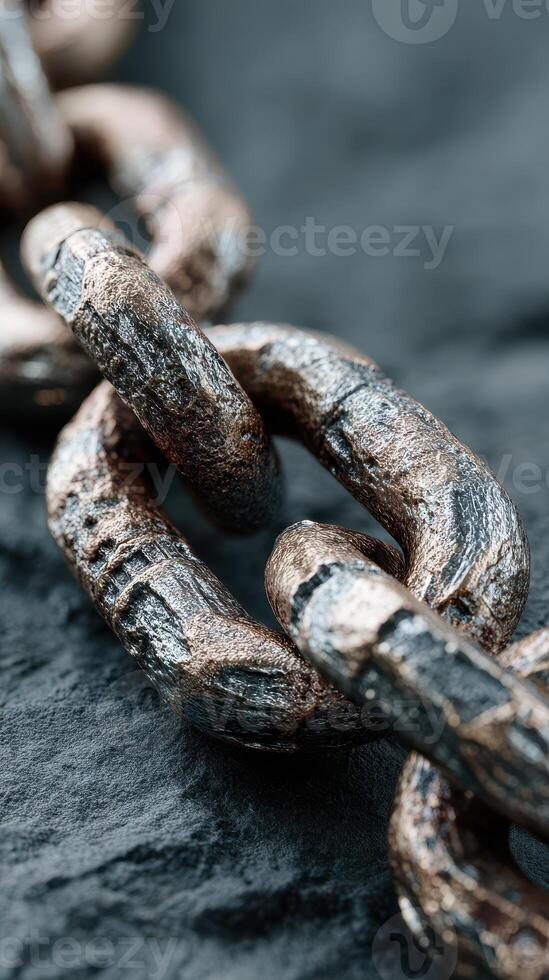 Close-up view of rusty metal chain links against a textured dark surface highlighting wear and age photo