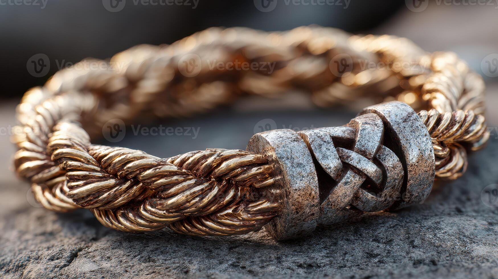 Intricate braided metal bracelet with knot design resting on a textured surface in natural light photo